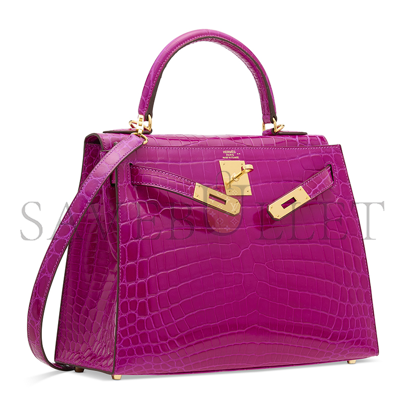 H**mes master a shiny rose schÉhÉrazade niloticus crocodile sellier kelly 28 with gold hardware (28*22*10cm)